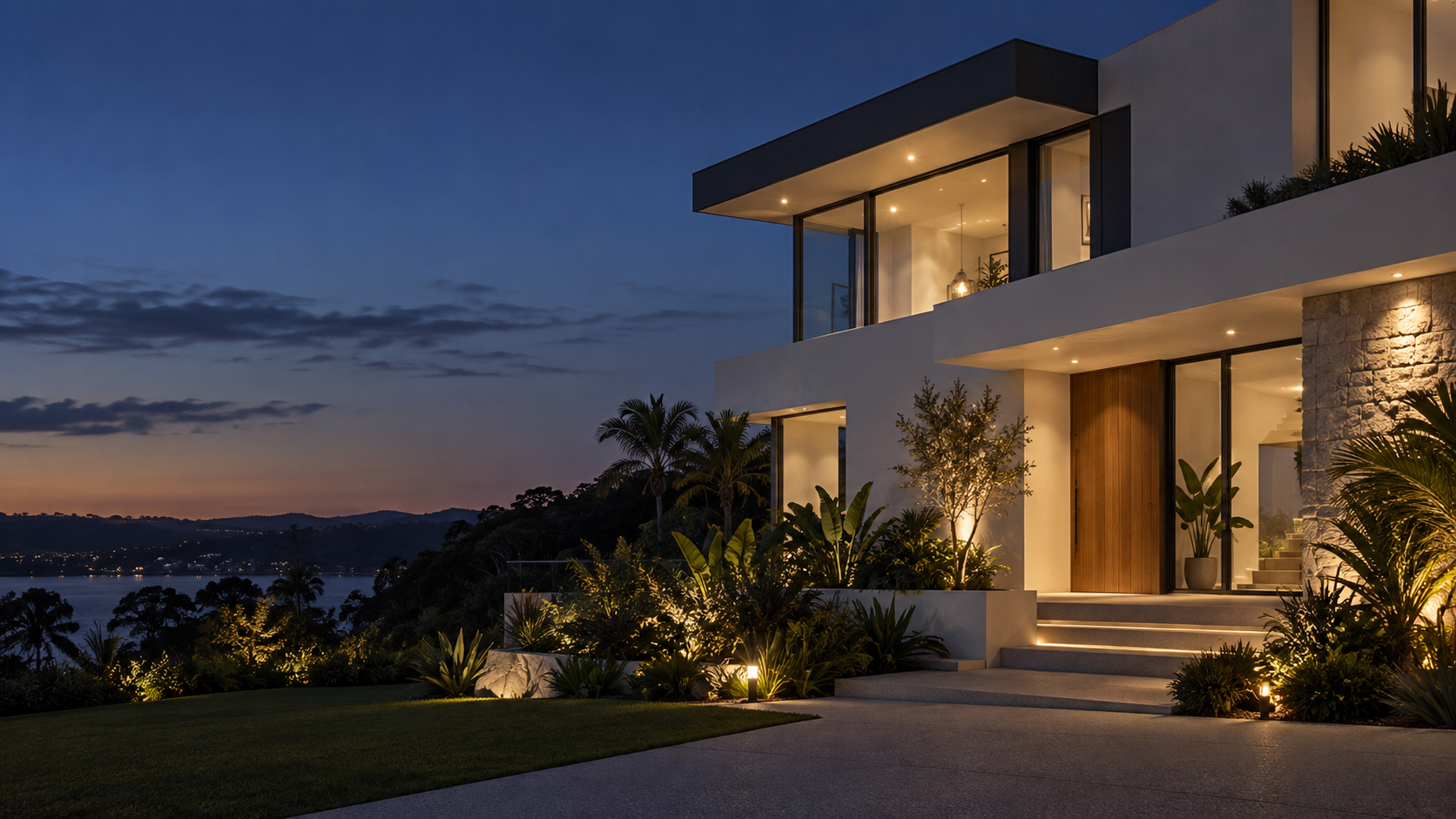 Illustrative contemporary home with warm exterior lighting